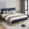 Queen Gold Metal Platform Bed Frame with Navy Blue Velvet Upholstered Headboard