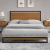 Queen size Modern Metal Platform Bed Frame with Solid Brown Wood Slatted Headboard